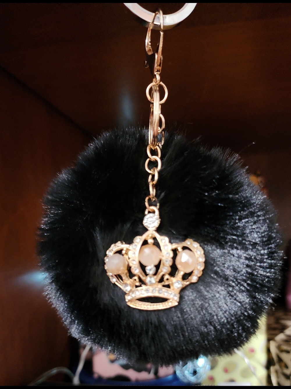 NWT Black Fur Pom Keychain with Gold Crown Charm - Picture 2 of 4